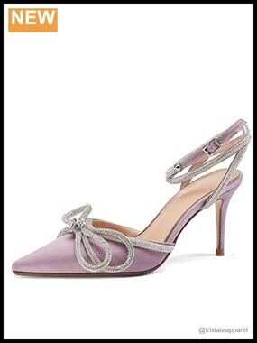 Double Bow Crystal Pointy Toe Ankle Strap Mid Heel Wedding Sandals